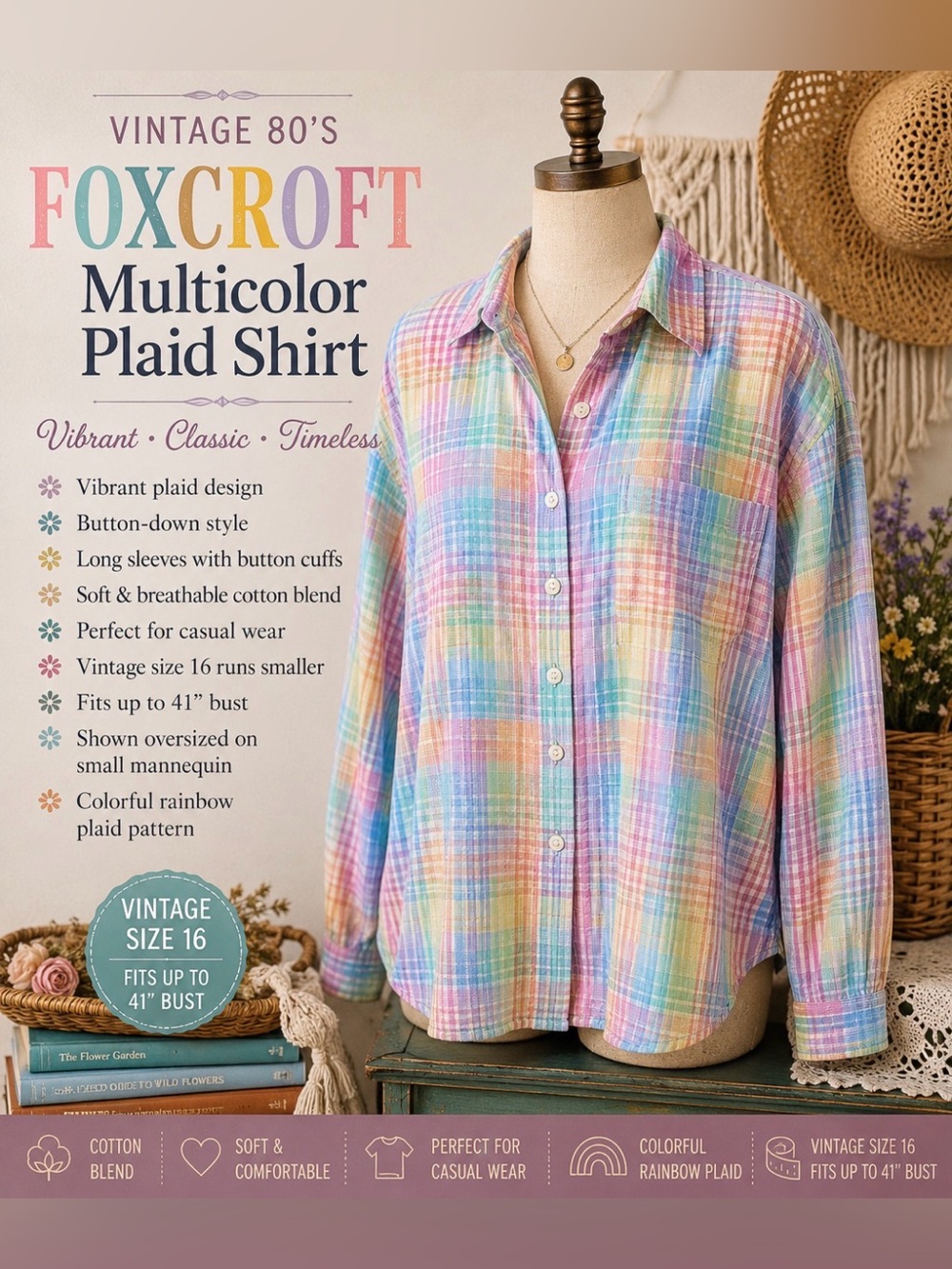 Foxcroft - vintage 80’s- Multicolor Plaid Button Down Shirt